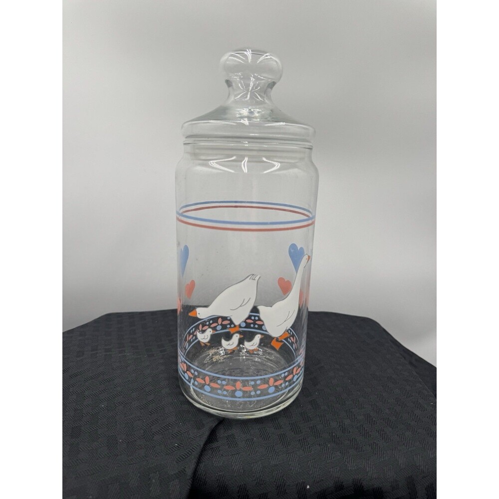 Vintage Luminarc France Tall Apothecary Glass Storage 10.5'' Jar Hearts & Geese